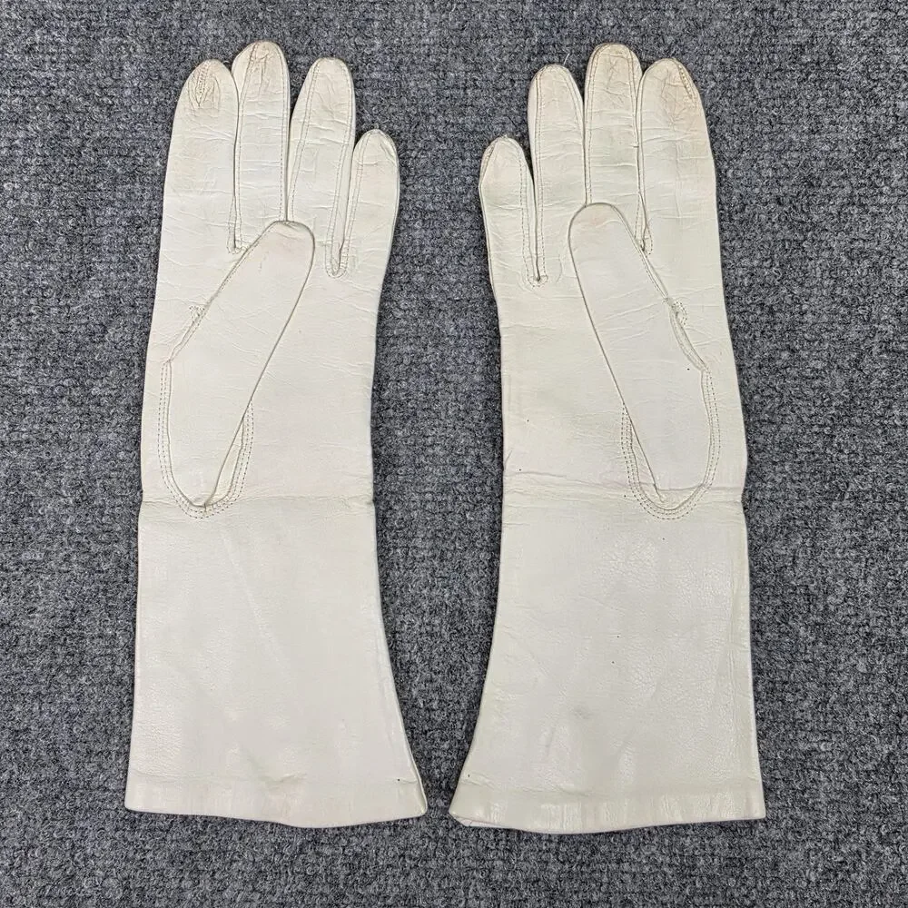 Vintage Iveys Gloves Womens 7 White Cream Leather Lined Elbow Made Italy